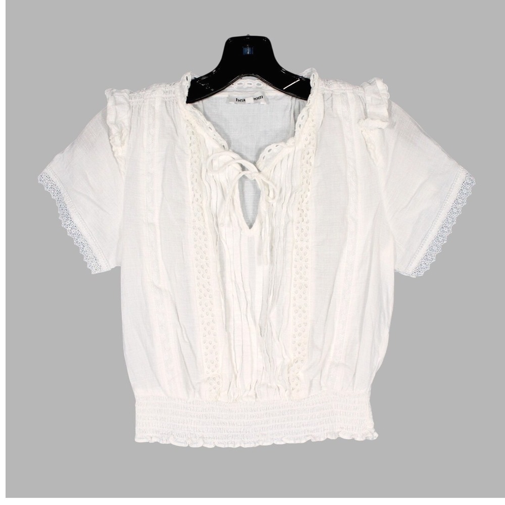 HEARTLOOM White Twill PLEATED FRONT Lace/Eyelet Trim SMOCK BLOUSON TOP Blouse S